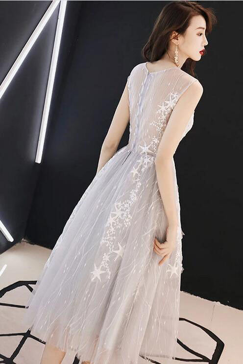 Light Gray Tulle Homecoming Dresses A Line Tea Length Tulle Prom Gown N2192