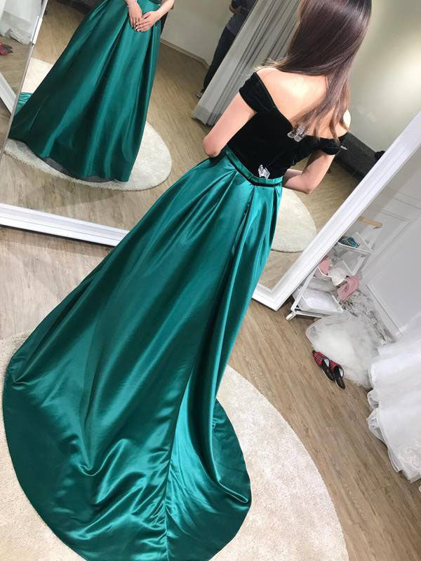 A Line Dark Green Off-the-Shoulder Sweep Train Evening Dress N435