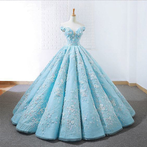 Light Blue Off Shoulder Ball Gown Prom Dress, Gorgeous Lace Appliques ...