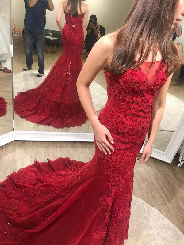 Sexy Trumpet Red Strapless Sweep Train Lace Prom Dresses N434