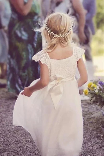 Glamorous Lace & Tulle Square Neckline Cap Sleeve A Line Flower Girl Dresses F073