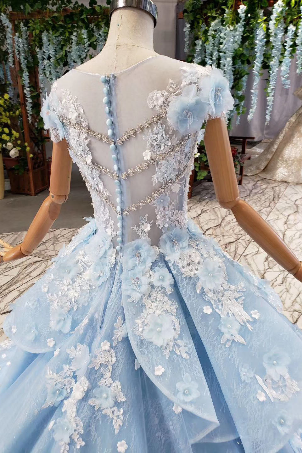 Light Sky Blue Gorgeous Prom Dresses with Flowers Ball Gown Quinceanera Dresses with Beads N2197