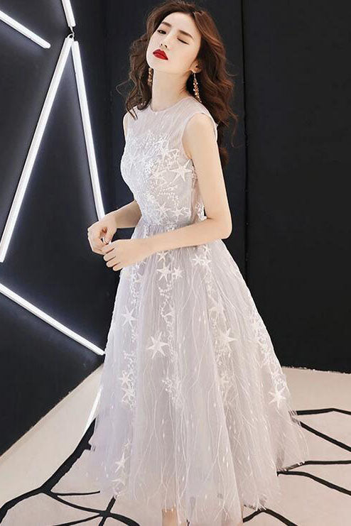 Light Gray Tulle Homecoming Dresses A Line Tea Length Tulle Prom Gown N2192