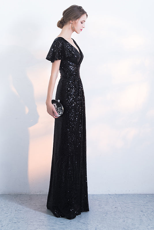 Black Sparkly Sequined Evening Dresses with Short Sleeves Long Prom Dresses with Pleats N1420