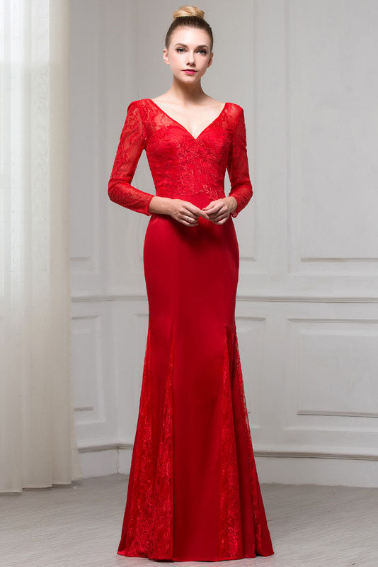 Red Long Sleeves V-Neck Mermaid Floor Length Evening Dresses with Lace N2330