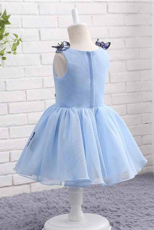 Light Blue Baby Girls Clothes Butterfly Appliques Puffy Flower Girl Dresses F057