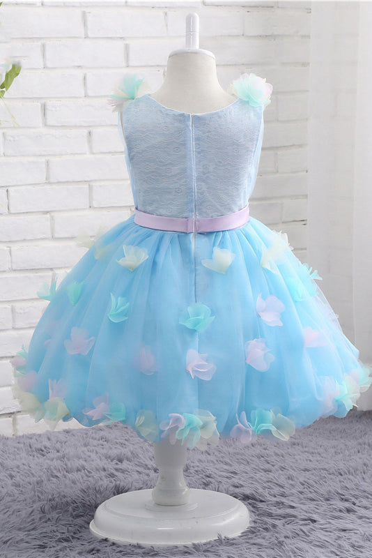 A Line V-Neck Sky Blue Tulle Flower Girl Dresses with Aplique Bow F060