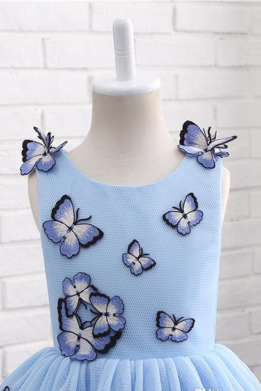 Light Blue Baby Girls Clothes Butterfly Appliques Puffy Flower Girl Dresses F057