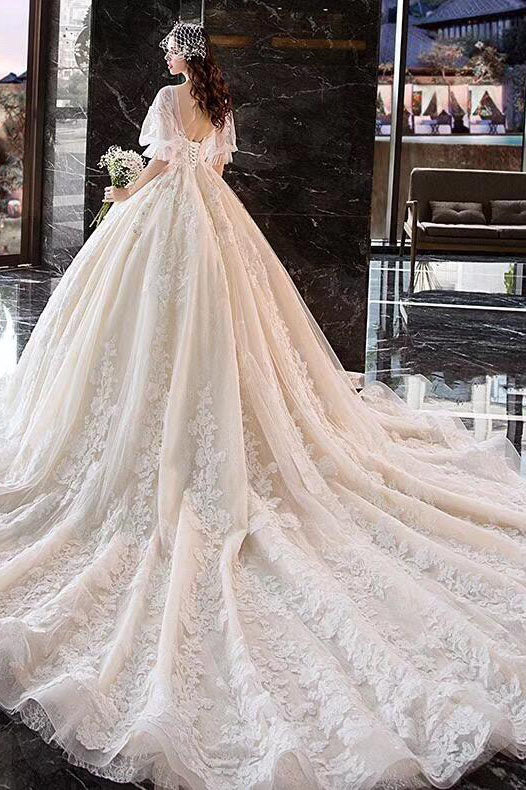 Charming Half Sleeves Ball Gown V Neck Wedding Dresses Princess Bridal Dresses N1626