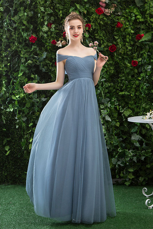 A Line Off the Shoulder Pleats Long Bridesmaid Dresses N2323