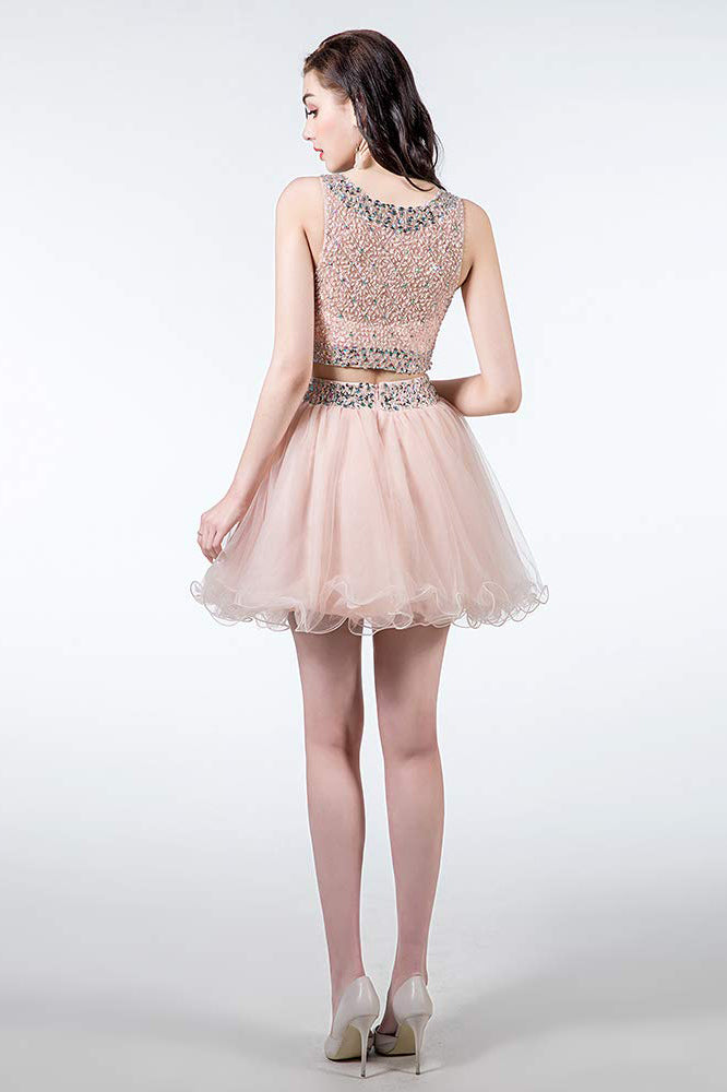 Sparkly Two Piece Homecoming Dresses Short Beaded Tulle Prom Gowns with Sequins N2011