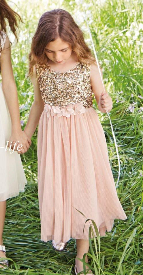 A Line Princess Blush Hand Made Flower Sash Tea Length Tulle Flower Girl Dresses with Sequins