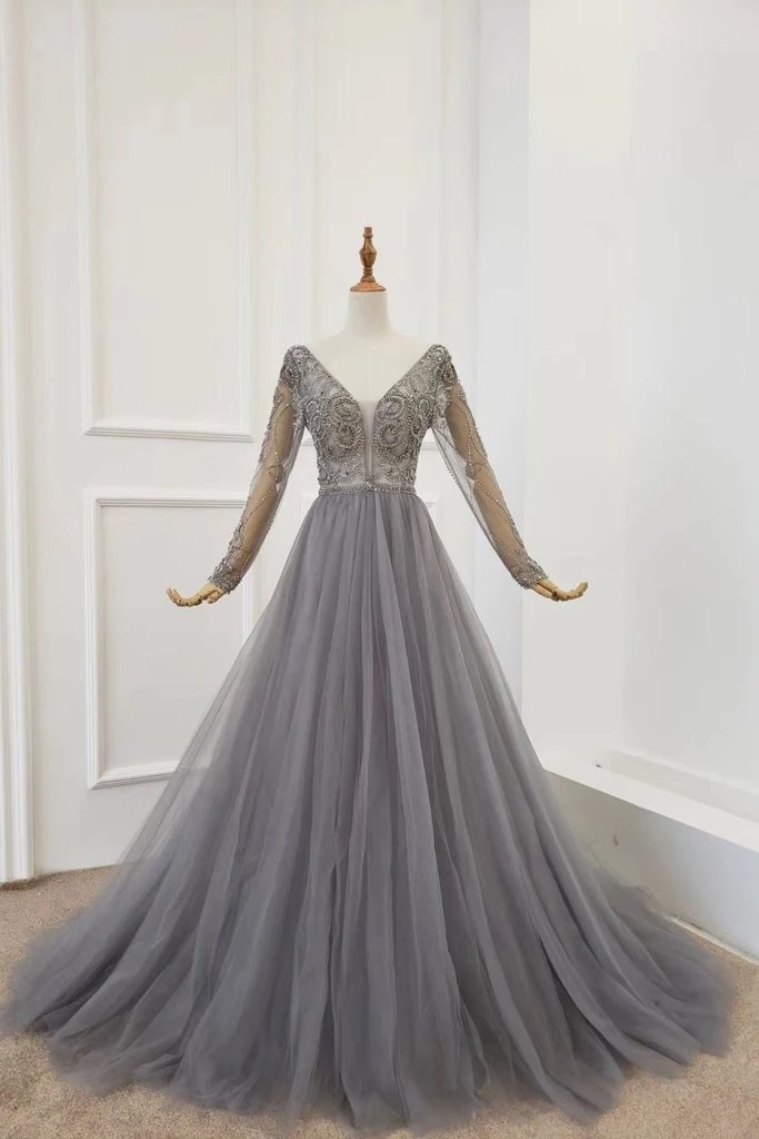 A Line V Neck Long Sleeves Tulle Gray Prom Dress with Beading, Cheap Party Dresses N2576