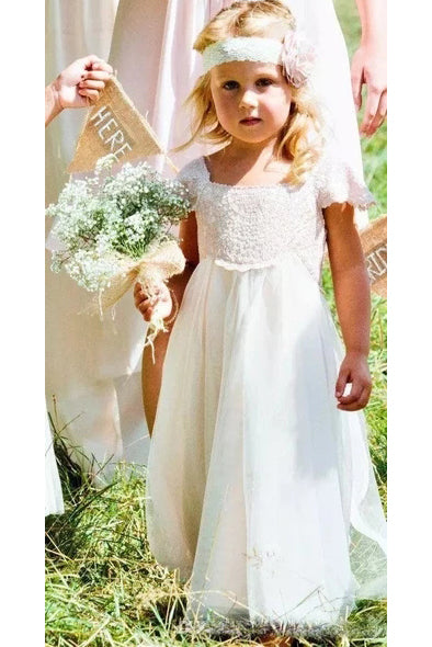 Glamorous Lace & Tulle Square Neckline Cap Sleeve A Line Flower Girl Dresses F073