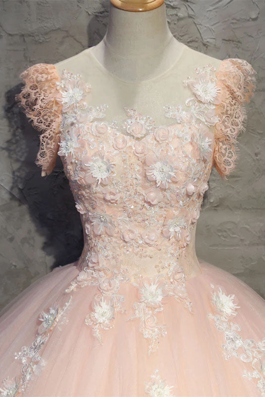 Light Peach Tulle Long Prom Dresses with Flowers Princess Ball Gown Sheer Neck Party Dresses N2202