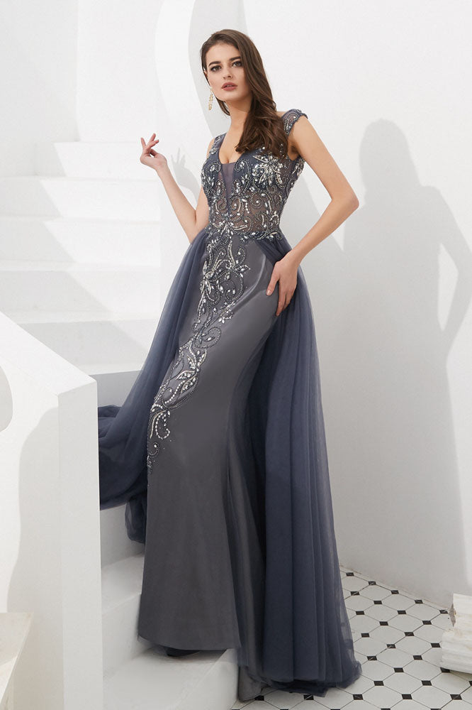 Luxury Gray V-Neck Sleeveless Tulle Long Prom Dresses with Beads Crystal N2283