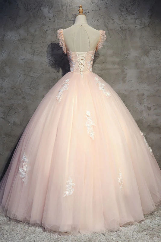 Light Peach Tulle Long Prom Dresses with Flowers Princess Ball Gown Sheer Neck Party Dresses N2202