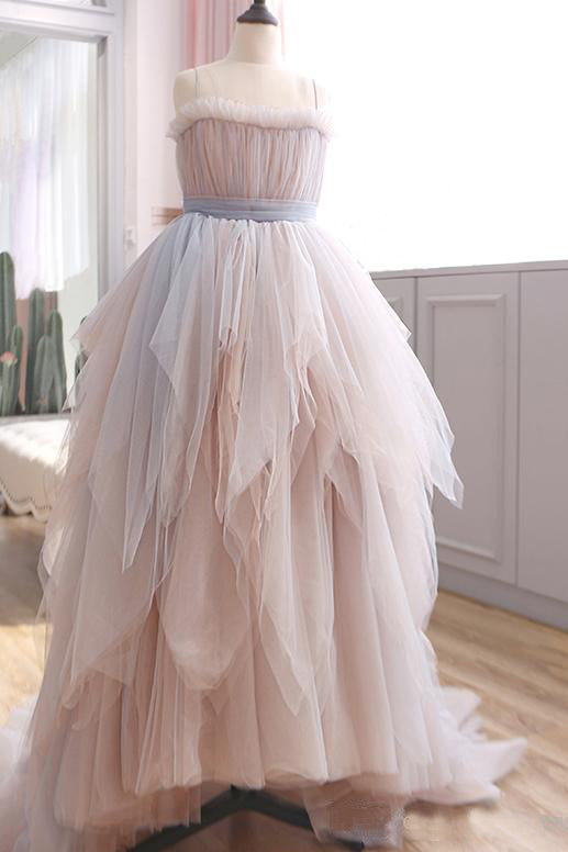 Blush Pink Spaghetti Straps Layers Flower Girl Dresses with Train Cute Flower Girl Dresses F081