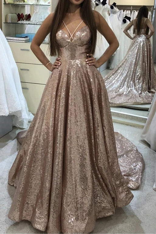 Shiny Puffy Sleeveless Sequined Court Train Prom Dresses Sparkly Sequin Evening Dresses N2248