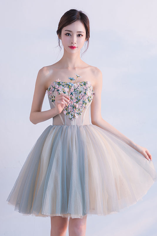 Cute Sweetheart Homecoming Dress with Flowers, Short Strapless Prom Dresses N1727