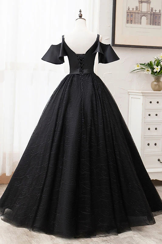 Black Ball Gown Off The Shoulder Straps Long Lace Prom Dresses