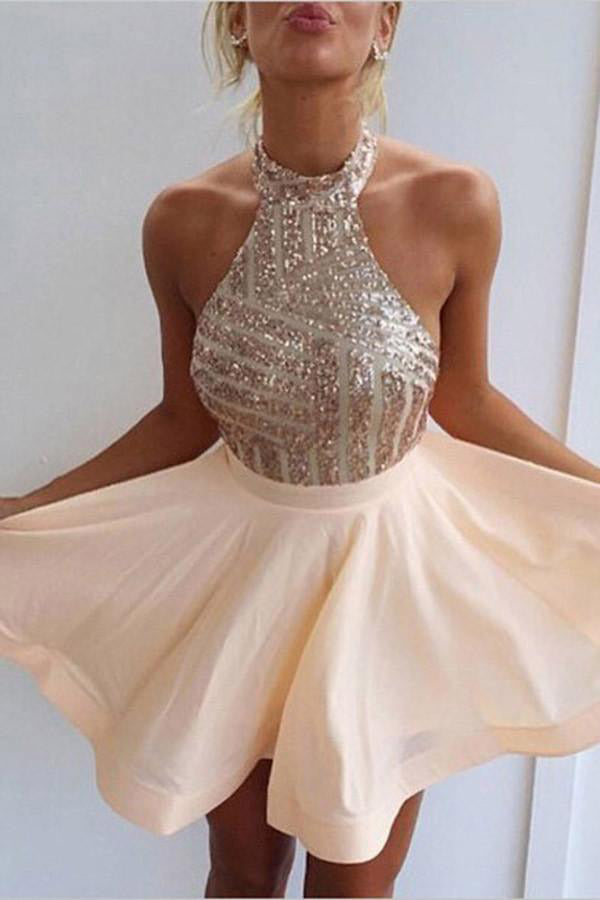 Halter Sparkly Sequin Backless Homecoming Dresses,Short Sweet 16 Dresses,Cocktail Dresses,N352