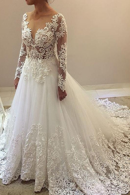 Elegant Beading Lace Long Sleeve Sheer Neck Ball Gown Wedding Dresses N1796