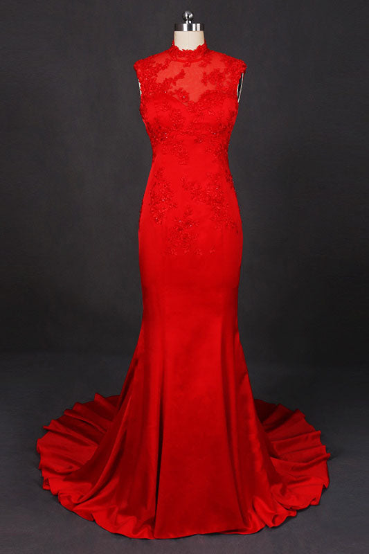 Red Sleeveless High Neck Sleeveless Satin Evening Dress Appliques Prom Dresses N2332