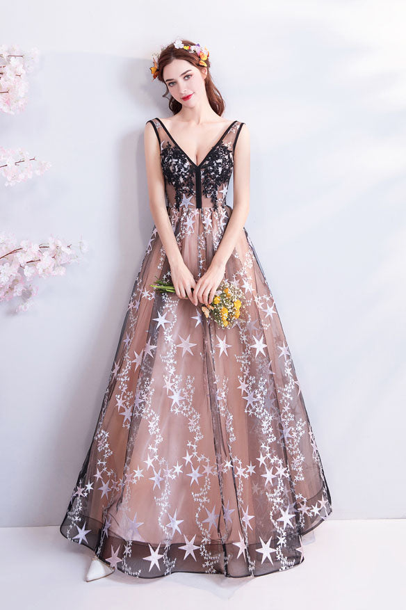 Charming Floor Length Sleeveless Prom Dress with Stars, A Line Appliques Evening Dress N2314