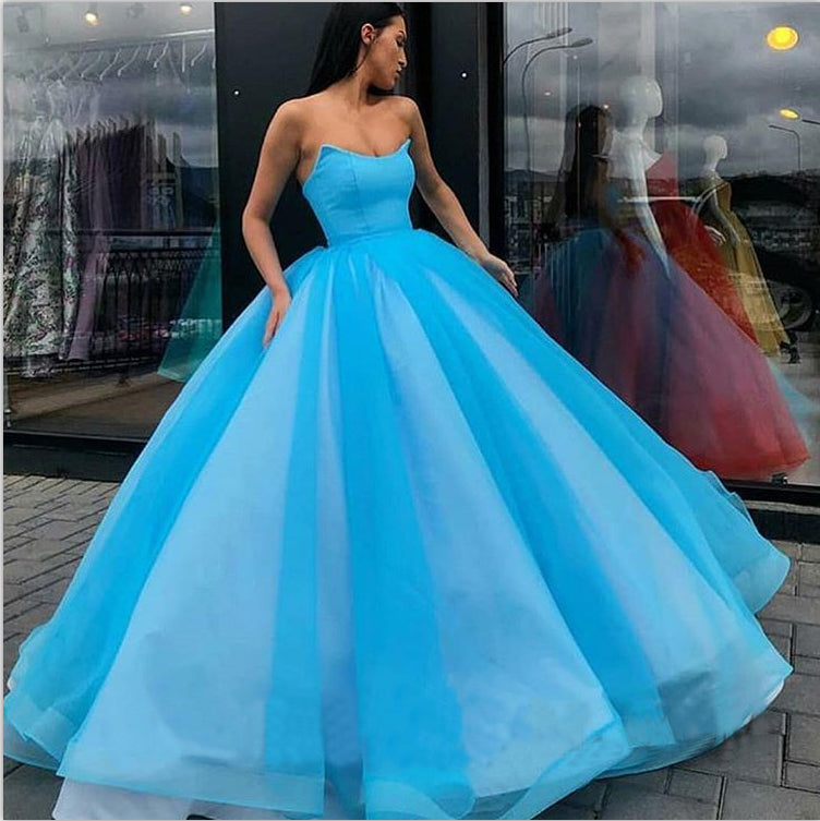 Blue Ball Gown Sweetheart Prom Dresses Princess Floor Length Tulle Quinceanera Dresses N2259