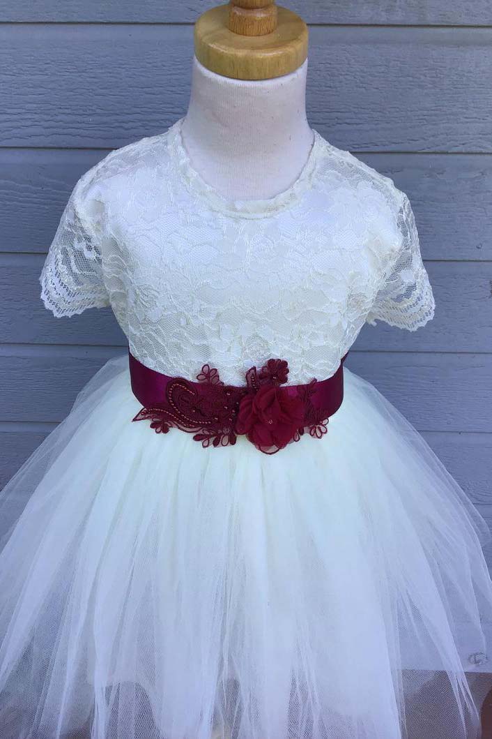 Lace Flower Girl Dresses Tulle Country Wedding Flower Girl Dresses with Short Sleeves F054