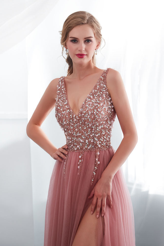 Beading V-Neck Pink High Split Tulle Sweep Train Sleeveless Evening Gown with Sequins N2278