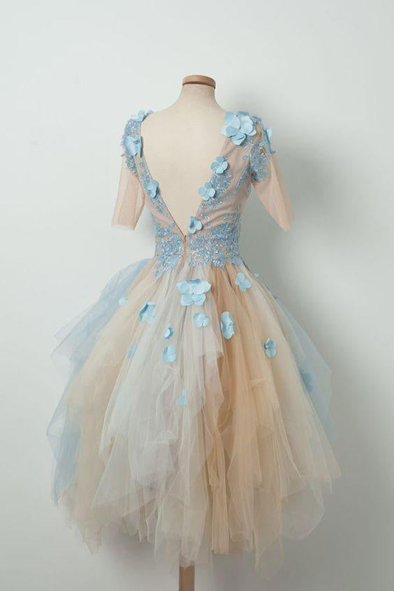 Cute V-Neck Half Sleeves Tulle Asymmetrical Homecoming Dresses