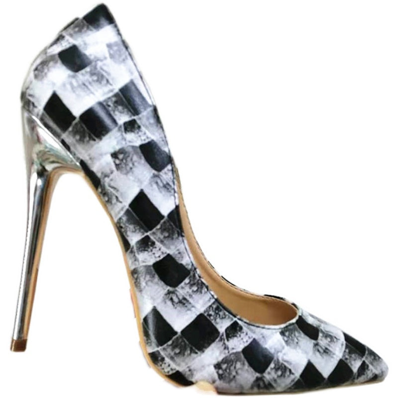 High Heels with black-and-white plaid pattern Fashion Women Party Shoes yy16