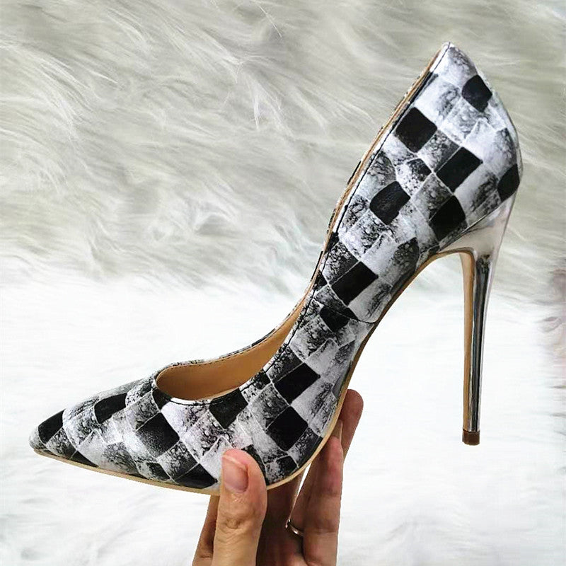 High Heels with black-and-white plaid pattern Fashion Women Party Shoes yy16