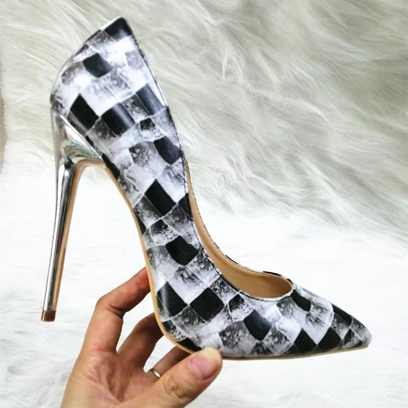 High Heels with black-and-white plaid pattern Fashion Women Party Shoes yy16