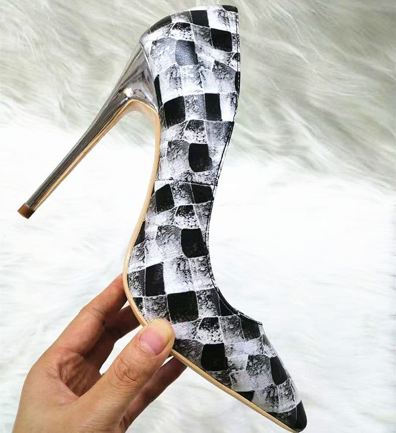 High Heels with black-and-white plaid pattern Fashion Women Party Shoes yy16