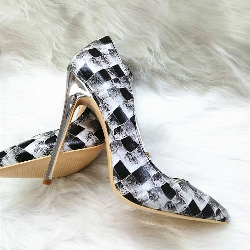 High Heels with black-and-white plaid pattern Fashion Women Party Shoes yy16