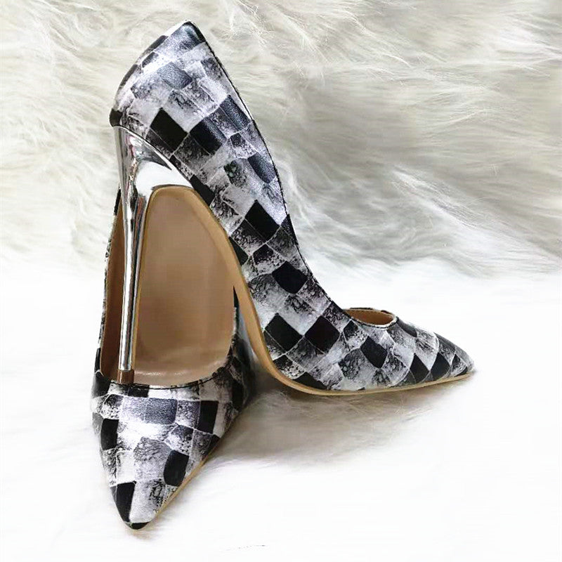 High Heels with black-and-white plaid pattern Fashion Women Party Shoes yy16