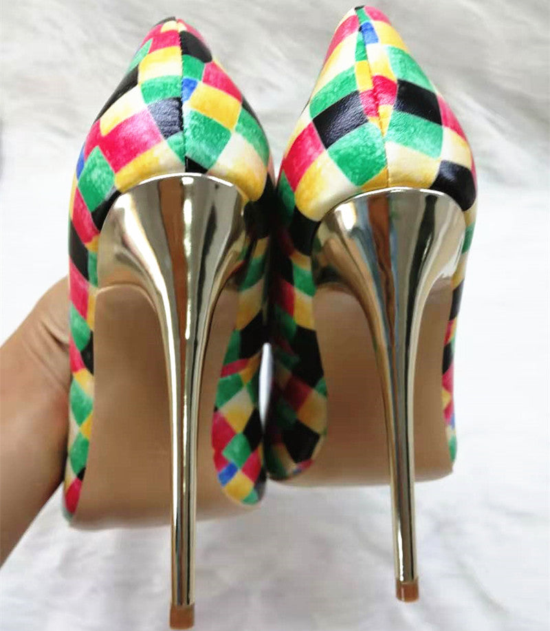 High Heels with colorful plaid pattern Fashion Evening Party Shoes yy17