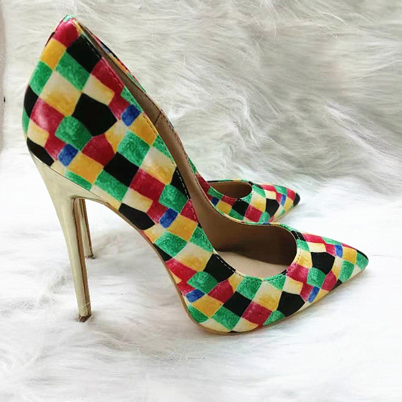 High Heels with colorful plaid pattern Fashion Evening Party Shoes yy17